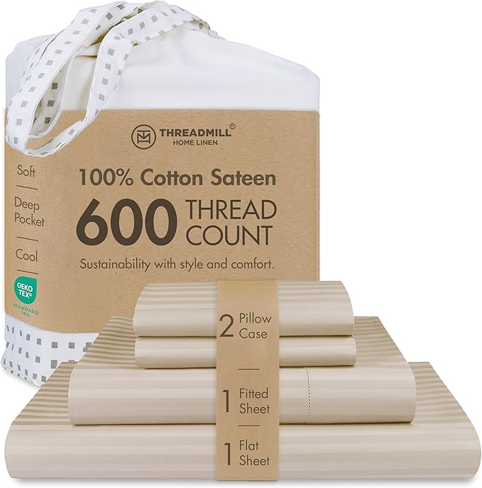 Threadmill 100% Cotton Sheets for King Size Bed - 600 Thread Count King Bed Sheets Set with 16” Deep Pocket - Damask Stripe Sateen Weave 4-Piece Bedding Set with Cooling Effect, Beige