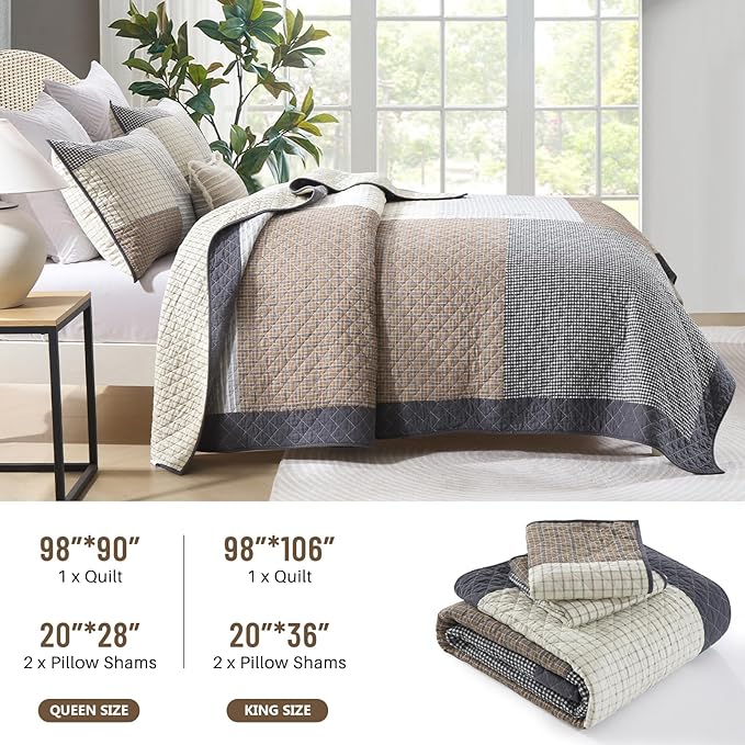 Real-Patchwork Plaid King Quilt - 100% Cotton Farmhouse Beige Brown Gray King Size Quilts Bedspread, Lightweight Reversible Quilted Coverlet Bedding Set for All Season, 3-Piece(98"x106")