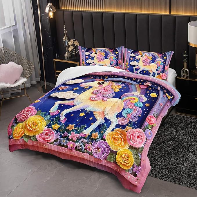 Pink Purple Rainbow Unicorn Flower Comforter Set Queen for Kids Girls，Girls Unicorn and Rainbows Bedding Sets Queen，with 1 Comforter with 2 Pillow Case，Unicorn Bedroom Decor and Bedding Set