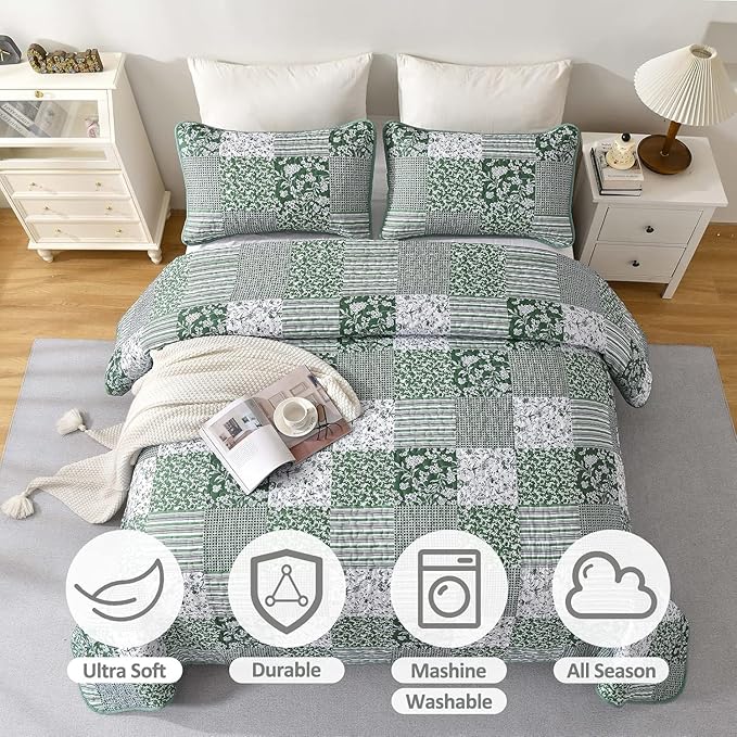 Mybedsoul Green Quilt Set Full Size, 3 Pieces Plaid Floral Bedspread Set Patchwork Reversible Bedding Set Microfiber Lightweight Bedspread Coverlet Set for All Season 78"x90"