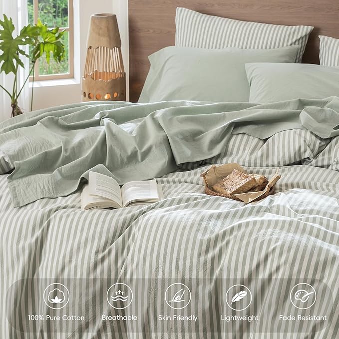 MooMee Bedding Sheet Set 100% Washed Cotton Linen Like Textured Breathable Durable Soft Comfy (Heathered Sage Green, California King)