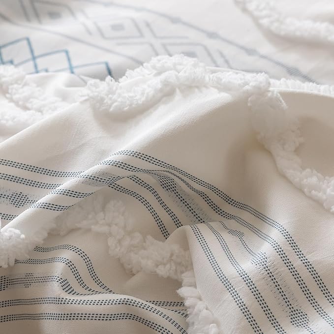 Cottonight White Blue Boho Comforter Set California King Farmhouse Tufted Bedding Set Soft Bohemain Shabby Chic Blanket Quilts Embroidery Rustic Luxury Soft 3PCS Bed Set for Women Men