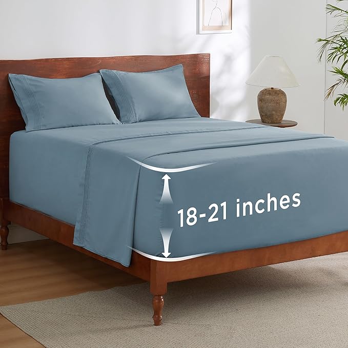 Bedsure Deep Pocket Full Size Bed Sheets Set - Fits Mattresses Up to 21 Inches Thick - 4 Piece GentleSoft Bed Sheets, Moisture Wicking, Cooling Bedsheet & Pillowcases, Easy & Secure Fit, Mineral Blue