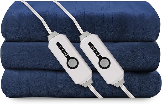 Electric Heated Blanket 84"x90" Queen Size, Soft Coral Fleece, Dual Controllers with 4 Heating Levels and 10 Hours Auto-Off, Machine Washable, Cozy Plush Fabric for Home, Dark Blue