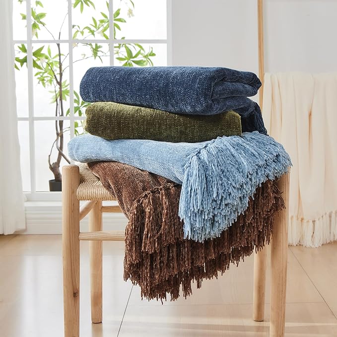 CozeCube Chenille Throw Blanket for Couch, Cozy Plush Fuzzy Decorative Dark Brown Blanket with Fringe Tassels, Lightweight Throws for Bed Sofa Gift Home Decor, 50"X60"