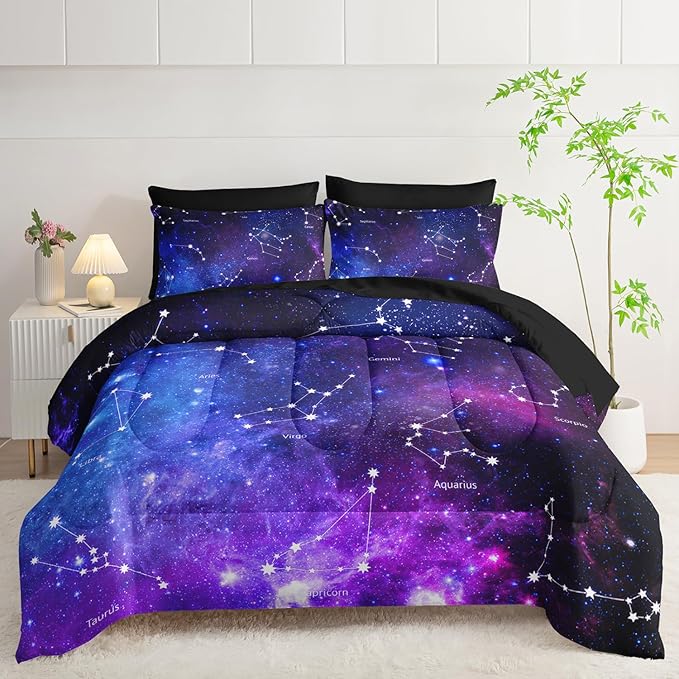 7pc Space Comforter Set - Galaxy Bedding, Starry Night Bed in a Bag, Includes Sheets, Soft Microfiber, All Season, Twin Size