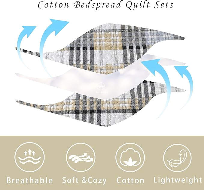 Quilt King Size, Cotton King Size Comforter Set,Grey Brown Black White Bedding Sets, Striped Plaid Bedspread Set, Farmhouse King Size Bed Set Lightweight All Season