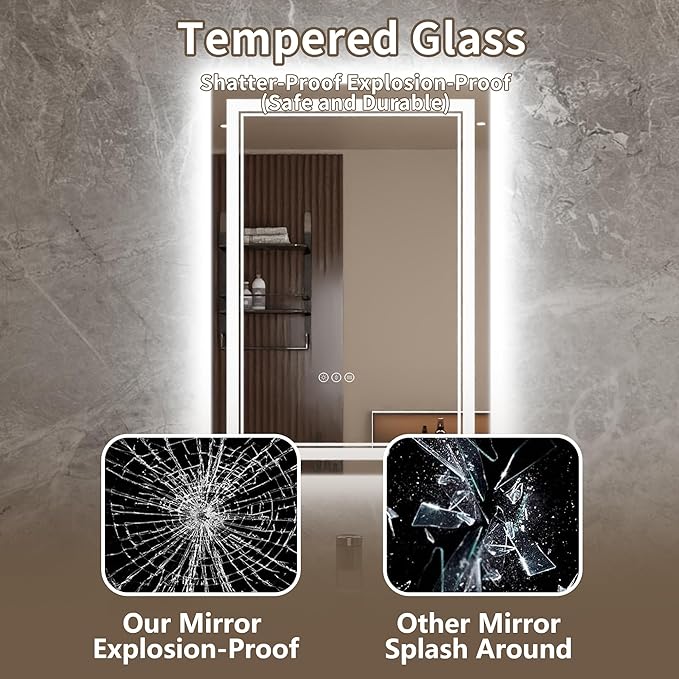 Bathroom Mirror with Lights 20"X28" with Front Light and Backlit, Tempered Glass, Wall Mount Horizontal/Vertical, Stepless Dimmable, 3 Colors, Anti Fog, Bathroom Memory LED Mirror