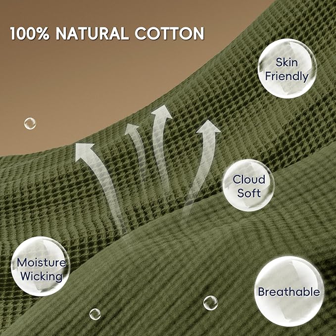 PHF 100% Cotton Waffle & Muslin Blanket Twin Size, Soft Breathable Luxury 400GSM Versatile Reversible Bedding for Bed, Great for Layering in Cold Weather, Home Decor Gift, 66" x 90", Olive Green