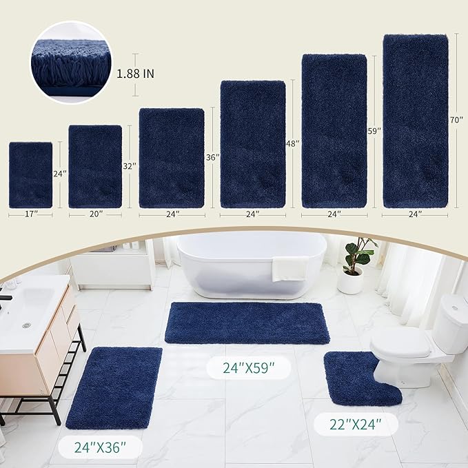 Bathroom Runner Rug 24x70 Navy Non Slip Fluffy Long Bath Mat for Bathroom Floor Washable Plush Luxury Bath Rug for Tub Absorbent Shower Sink Mat Bedside Rug