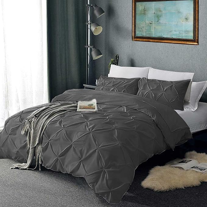 Pinch Pleated Duvet Cover Set 100% Cotton 3PC Super King Size 98x108 Duvet Cover Set, Decorative Pinch Design Dark Grey Duvet Cover with Matching Pillow Case