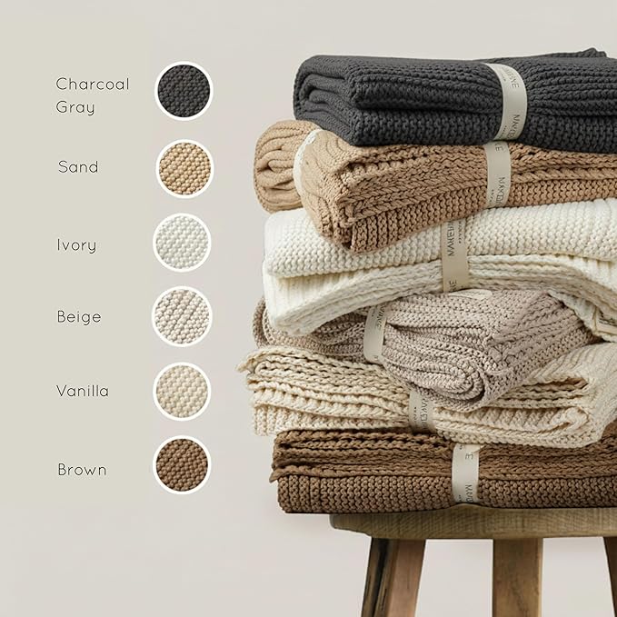 Makemake Organics Organic Cotton Throw Blanket GOTS Certified Organic Knit Blanket Couch Bed Neutral Fall Colors Soft Cotton Throw Blanket Large (50x60, Ivory)