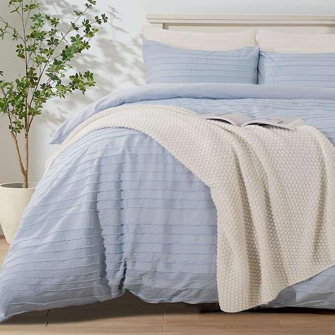 NEXHOME PRO Duvet Cover Full Size, Blue 3 Pieces Boho Tufted Duvet Cover Set, Soft and Lightweight Microfiber Comforter Cover Set for All Season (Blue Full, 80 x 90)-No Comforter