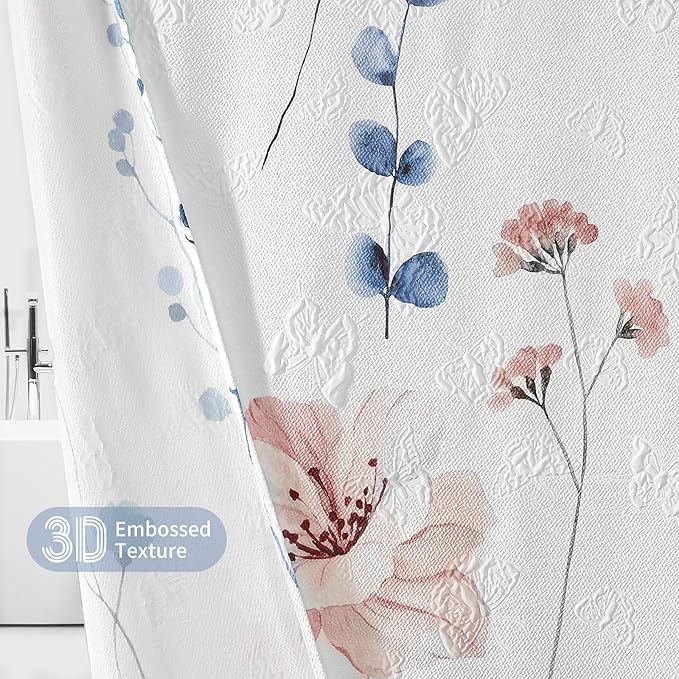 QIYI Long Shower Curtain 72 x 78, Modern Watercolor Floral Bath Curtain, 3D Embossed Butterflies Blue Flower Cloth Bathroom Curtains, Waterproof Fabric Farmhouse Textured Shower Curtain Set with Hooks