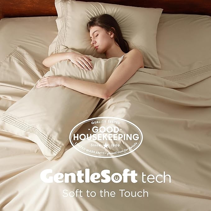Bedsure Twin XL Sheets Dorm Bedding, GentleSoft Breathable Extra Long Twin Sheets & Pillowcases, Moisture Wicking Cooling, Deep Pocket Fits Mattress Up to 21 Inches Thick, Beige