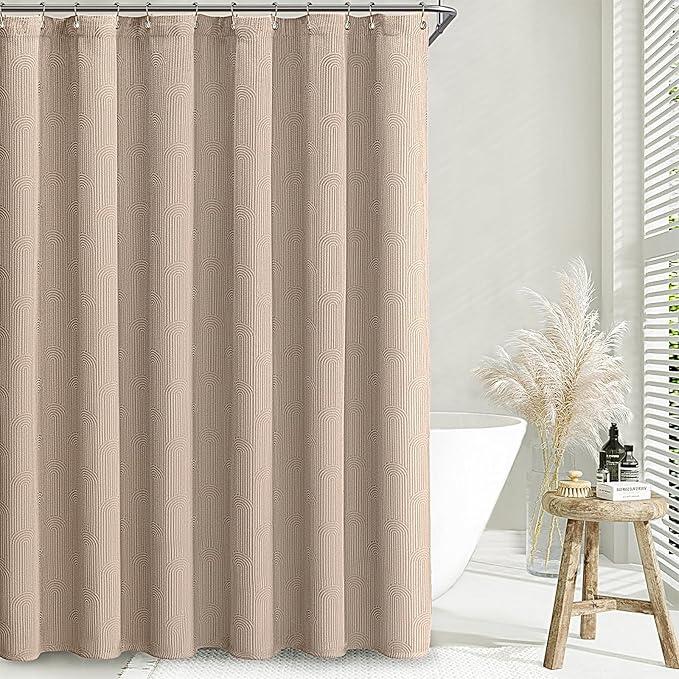 Awellife Boho Shower Curtains for Bathroom Cotton Fabric Touch Beige Bohemian Mid Century Minimalist Arch 72" L X 72" W