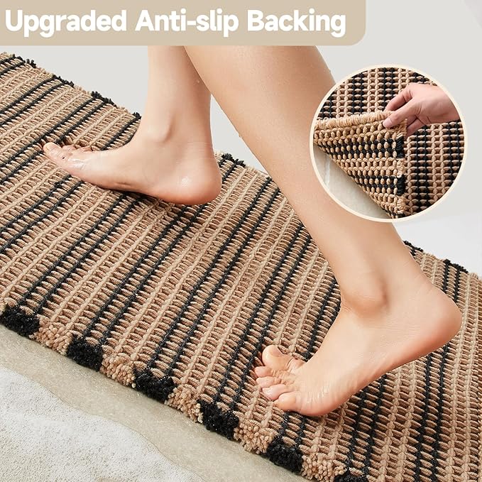 Waffle Runner Rug Bathroom, Long Boho Bathroom Rugs Non Slip Washable Super Absorbent Quick Dry Farmhouse Bath Decor, 60"x24" Black and Khaki