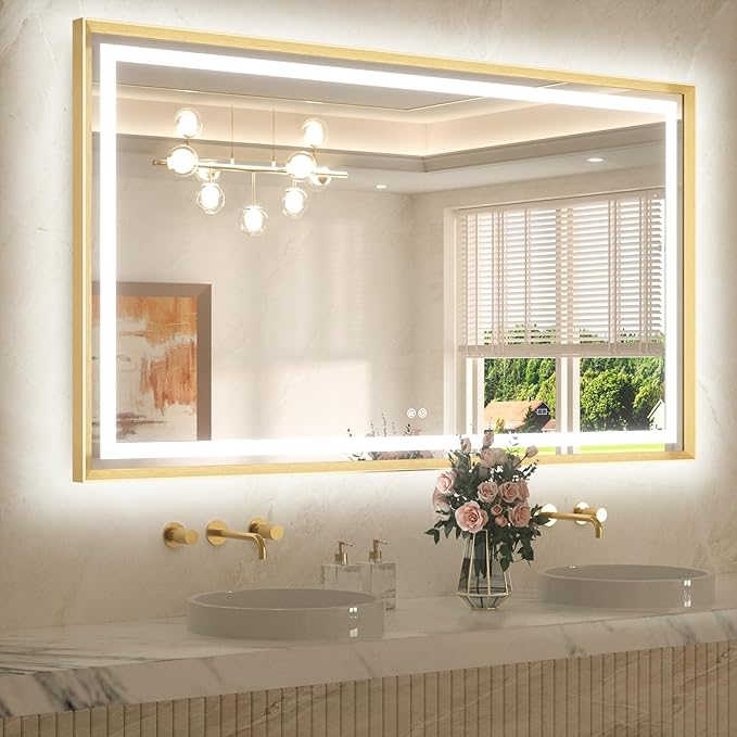 TETOTE 60 x 36 Bathroom Mirror Brushed Gold Metal Frame Frontlit & Backlit Vanity Mirror 3 Colors White/Warm/Natural Stepless Dimmable Anti-Fog Bathroom Mirrors for Vanity Wall-Mounted