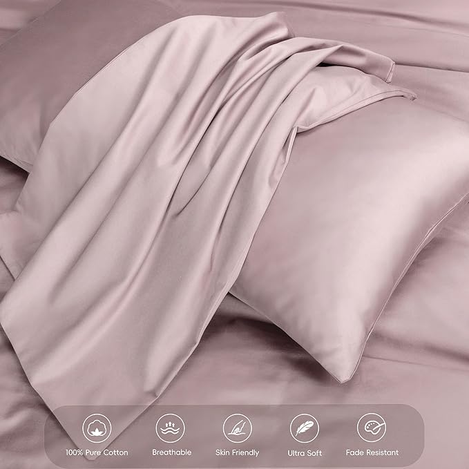 MooMee Duvet Cover Set 100% Extra Long Staple Cotton 600 Thread Count Silky Sateen Smooth Luxury Soft Breathable Durable Hotel Quality Bedding, 3 Pieces (Pale Mauve, King 104"x90")