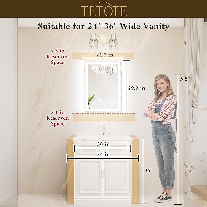 TETOTE Led Bathroom Mirror with Lights 22 x 30 Inch, Beveled Lighted Vanity Front and Backlit Anti-Fog Mirror Wall Mounted for Modern Bathroom, 3-Color Extra-Bright Lights, Tempered Glass