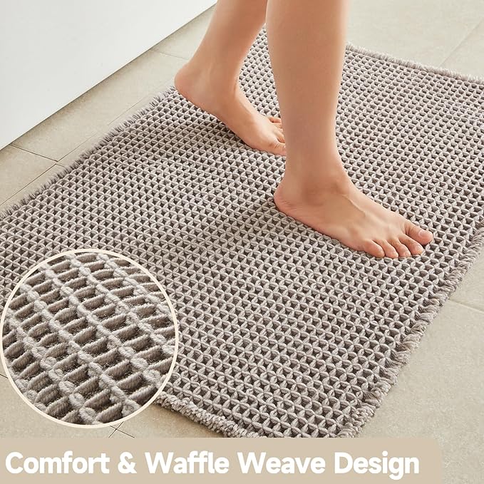 Waffle Bath Mat, Boho Bathroom Rugs Non Slip Washable Super Absorbent Quick Dry Bath Mat Farmhouse Bathroom Decor, 36"x24" Light Grey