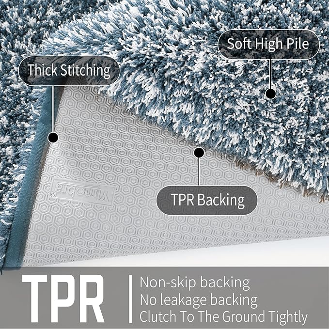 Yimobra Luxury Bathroom Rugs, Fluffy Bath Mats, Non Slip, Water Absorbent Microfiber, Machine Washable, Plush Runner Shower Rugs, Thick Matts for Bathroom Floor&Tub, 60"x 24", Denim Blue and White