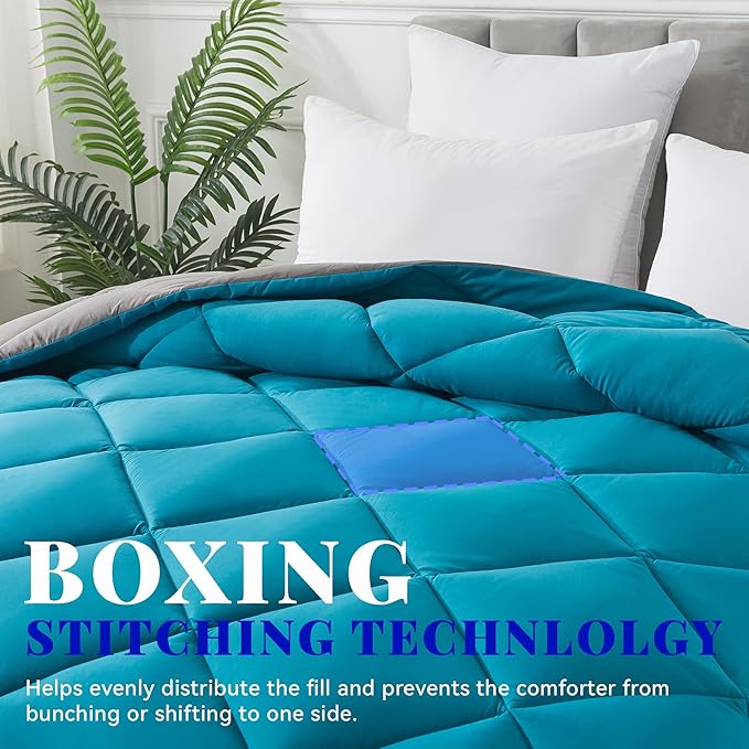 Cosybay Down Alternative Comforter (Algiers Blue/Dark Grey, Full) - All Season Soft Quilted Full Size Bed Comforter - Duvet Insert with Corner Tabs -Winter Summer Warm Fluffy, 82x86inches