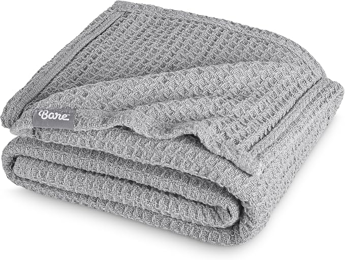 Bare Home Light Grey Waffle Blanket, Throw Size 44Wx66L, 100% Cotton, Soft & Breathable for All Seasons, Lightweight, Perfect for Layering Bed, Sofa & Couch (Throw/Travel, Light Grey)