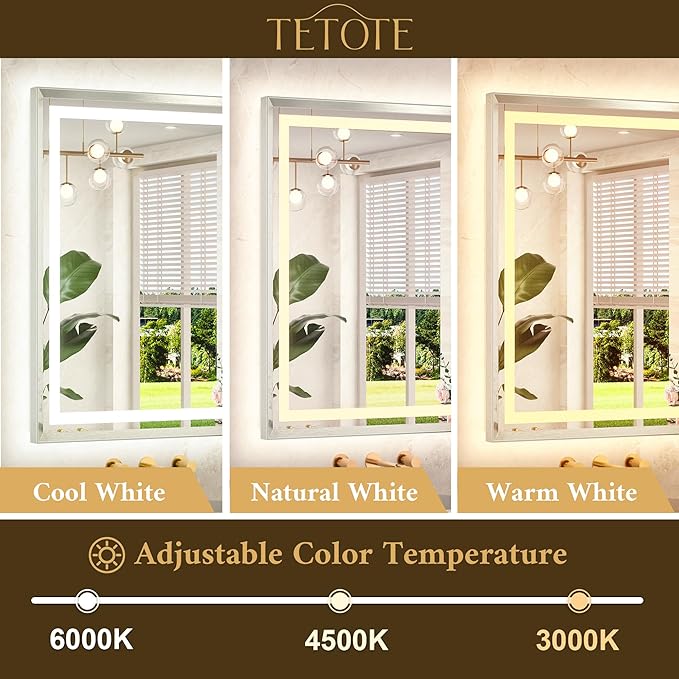 TETOTE 72 x 32 Large Bathroom Mirror Brushed Bright Nickel Metal Frame Frontlit & Backlit Vanity Mirror 3 Colors White/Warm/Natural Stepless Dimmable Anti-Fog Bathroom Mirrors for Vanity Wall-Mounted