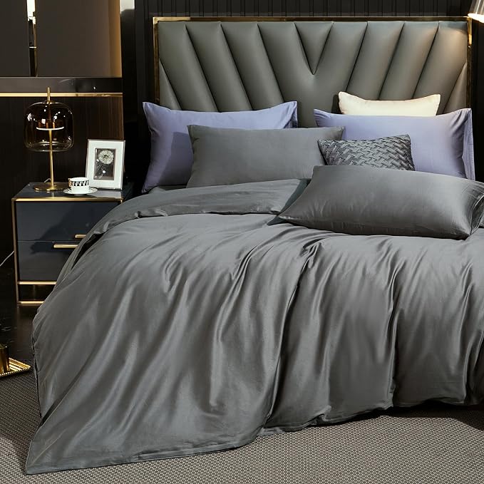 MooMee Duvet Cover Set 100% Extra Long Staple Cotton 600 Thread Count Silky Sateen Smooth Luxury Soft Breathable Durable Hotel Quality Bedding, 2 Pieces (Dark Gray,Twin 68"x90")
