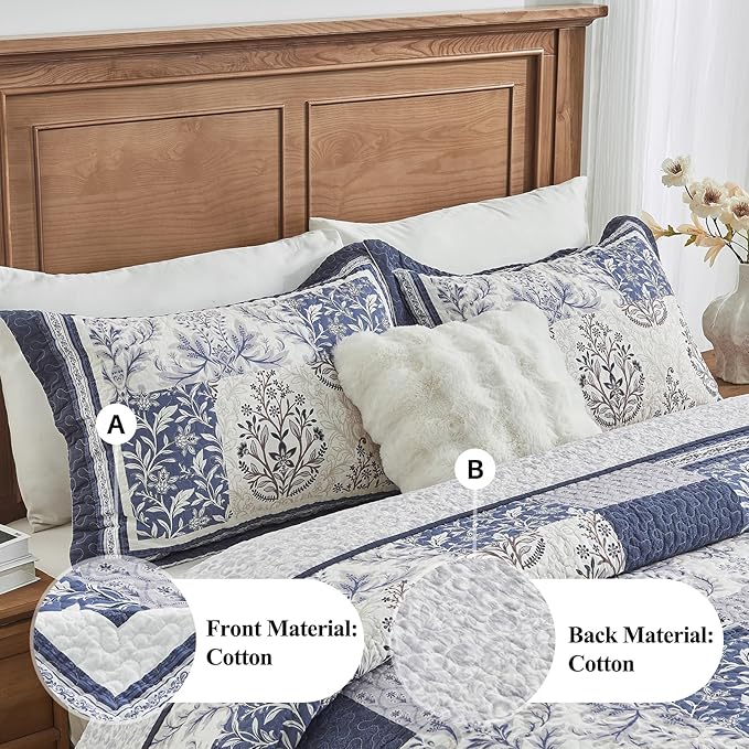 100% Cotton Quilt Set King Size - Floral Quilted Comforter, Patchwork Botanical King Quilt Bedspread, Reversible Vintage Farmhouse Lightweight Bedding for King Bed, 3pcs, Blue/Beige