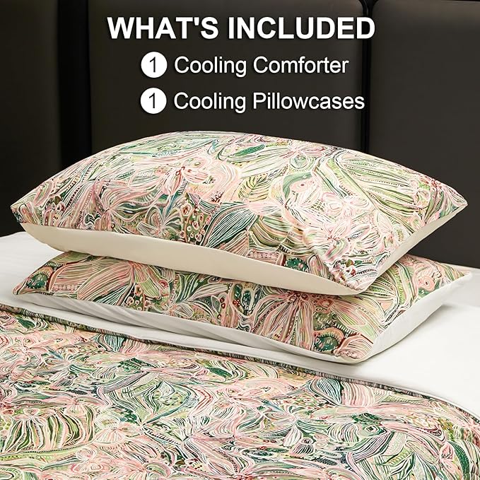 Cyusri Floral Print Cooling Comforter Set 2Pcs Breathable Cool Twin Size Bedding Set with 1 Pillowcase Green Pink Flowers Pattern Silky Cold Quilt, 68"x90"