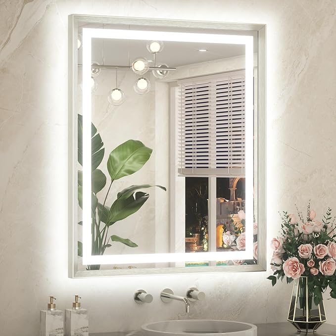 TETOTE Led Bathroom Mirror 30 x 36 with Brushed Nickel Frame Anti-Fog Frontlit & Backlit Vanity Mirror Stepless Dimmable Lighted Mirrors for Bathroom Wall 3 Colors White/Warm/Natural Wall-Mounted