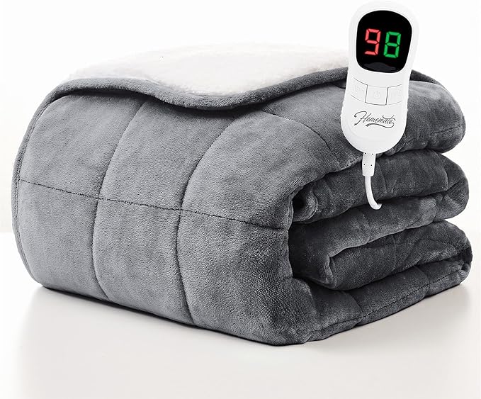 Homemate Heated Weighted Blanket for Adults - 62"x84" 15lbs Electric Throw Fast Heating Heavy Blanket 1/2/4/6/8 Hour Auto Off 10 Heat Levels Over-Heat Protection Soft Flannel Sherpa