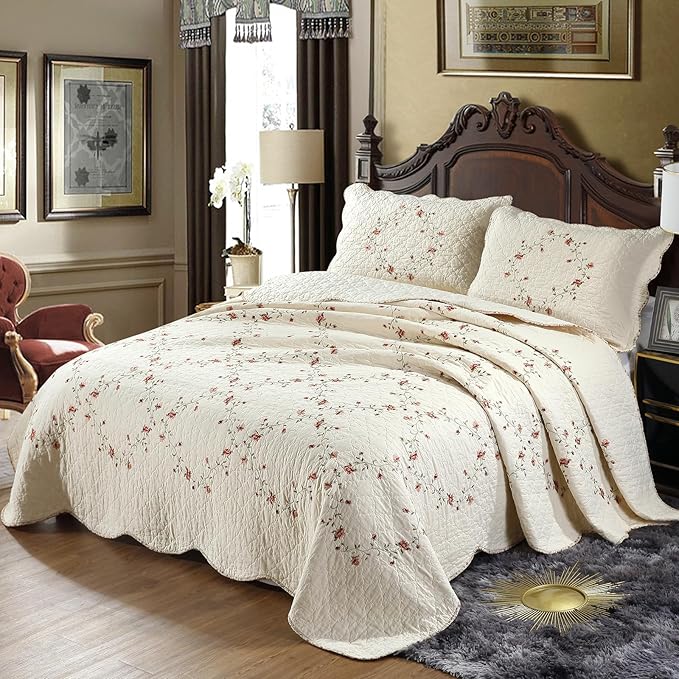 vctops 3-Piece Floral Embroidered Bedspread Coverlet Set Oversize Queen 100% Cotton Reversible Patchwork 1 Quilt and 2 Pillow Shams (Flower,Oversize Queen)