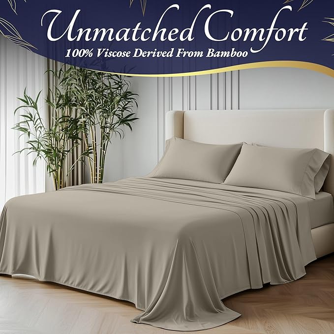 DECOLURE 100% Viscose Derived from Bamboo Sheets Full Size 4pcs - Ultra Soft & Luxuriously Cooling, 17" Deep Pocket, Double Stitching, Perfect for Hot Sleepers - Full Bed Sheets (Taupe)