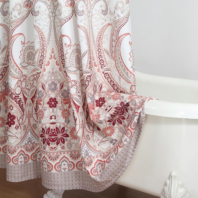 72x90 Inch Extra Long Shower Curtain - Water-Repellent Off-White Premium Fabric with Burgundy Terracotta Taupe Paisley Floral Pattern