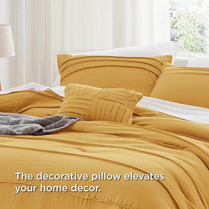 Bedsure California King Comforter Set - 4 Pieces Pinch Pleat Bed Set, Mustard Yellow Boho Bedding for All Season, 1 Soft Comforter, 2 Pillowcases, 1 Decorative Pillow