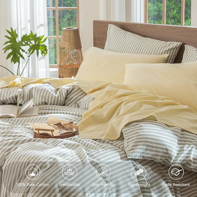 MooMee Bedding Sheet Set 100% Washed Cotton Linen Like Textured Breathable Durable Soft Comfy (Heathered Butter Yellow, Twin)