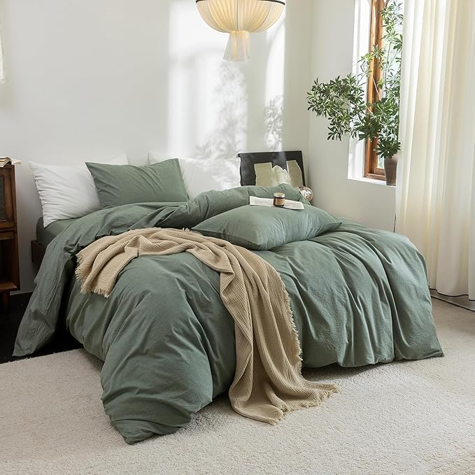 FOSSA Duvet Cover Set 100% Washed Cotton Linen Feel Super Soft Breathable Cozy Simple Style 3 Pieces Bedding Sets Solid Heathered Green California King