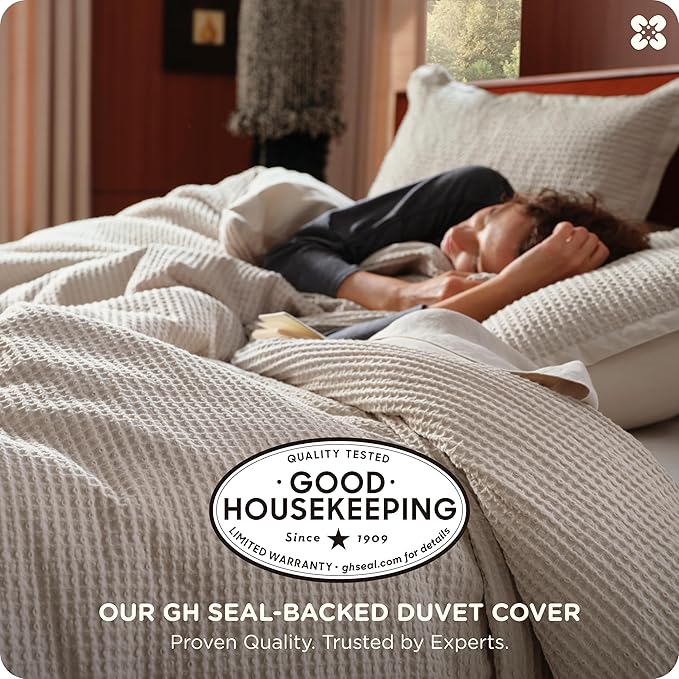 Bedsure Cotton Duvet Cover Set - 100% Cotton Waffle Weave Linen Duvet Cover Oversized Queen Size, GentleSoft™ and Breathable Bedding Set for All Season, 3 Pieces, 98"x98"