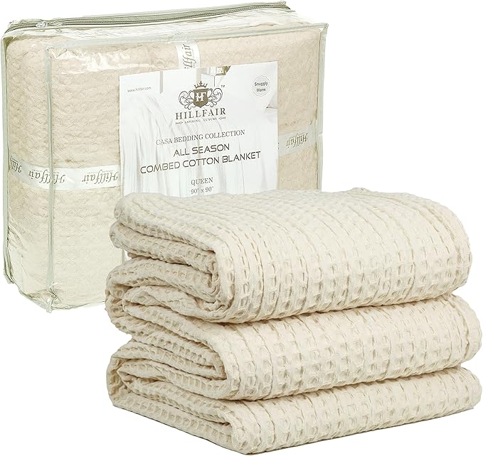 HILLFAIR 100% Cotton Blanket- 120"x120" XXL Oversized King Bed Blankets- Family Size 10 ft x 10 ft Big- Waffle Blankets- All Season Soft Breathable- Extra Large King Cotton Blanket for Bed- Ivory