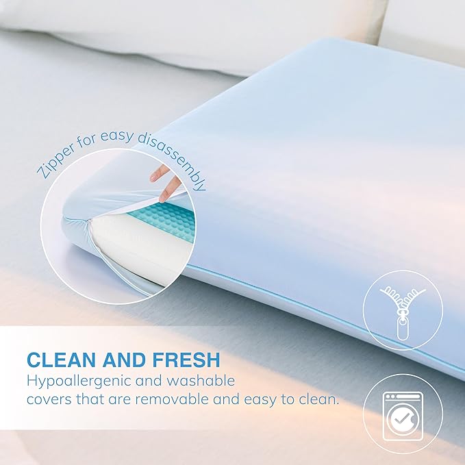 EGOHOME Cooling Gel Memory Foam Pillow - Reversible Cooling Cover, Neck Support for Side, Back and Stomach Sleepers, Removable & Machine Washable, All-Season Comfort, Standard Size, Blue