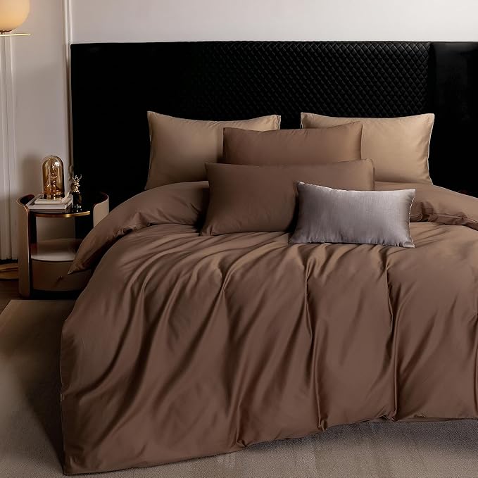 MooMee Duvet Cover Set 100% Extra Long Staple Cotton 600 Thread Count Silky Sateen Smooth Luxury Soft Breathable Durable Hotel Quality Bedding, 3 Pieces (Chocolate Brown, Oversized Queen 98"x98")