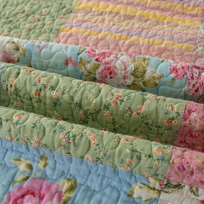 YAYIDAY Quilts Queen Size Patchwork Bedspread Set - 100% Cotton Reversible Breathable Floral Quilted Quilt with Pillow Shams Fit All Season