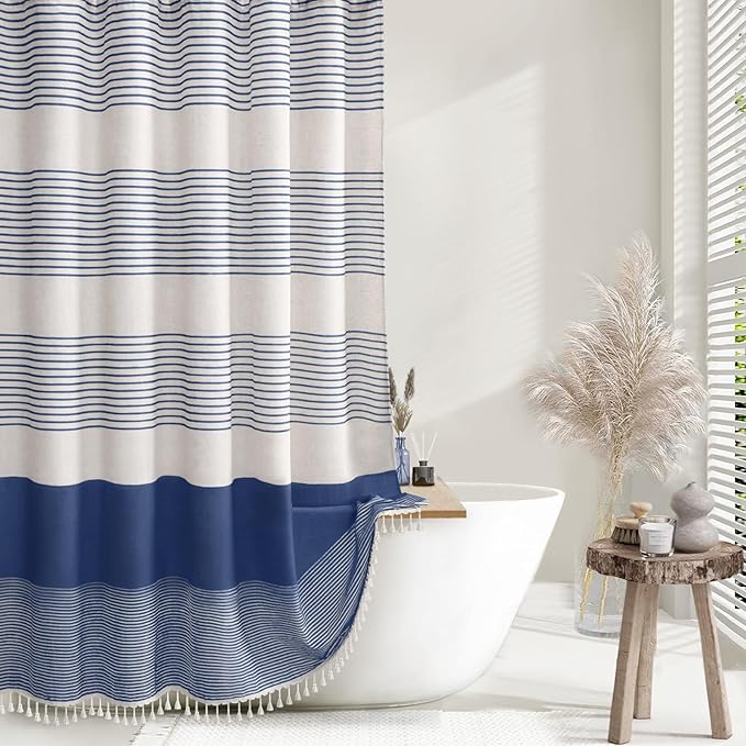Awellife Blue Shower Curtain for Bathroom Linen Texture Stripe Tassel Shower Curtain 72 X 78 Inches Boho Neutral