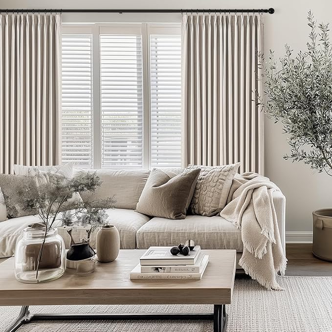 Topfinel Pinch Pleated Curtains 96 Inch Long, 100% Blackout Thermal Insulated Natural Linen Pinch Pleat Viral Drapes with Hooks Rings 2 Panel Sets, Neutral Oatmeal Ivory 8FT Back Tab Window Curtains