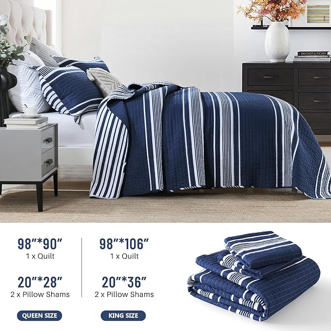 Striped Queen Size Quilt - 100% Cotton Navy Blue White Striped Modern Boys Men Unisex Quilt Bedspread for Queen Bed, Lightweight Reversible Quilted Bedding Set with 2 Pillow Shams, All Season