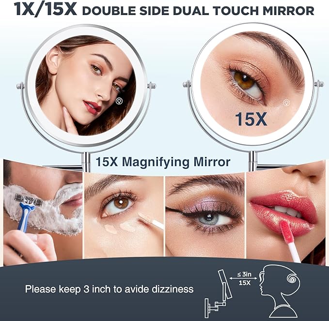 Wall Mounted Mirror with Lights - 15x Magnifing Extended Arm Mirror, 3 Color Lights & 360°Swivel Vanity Mirror, 8.5in Bathroom Mirrors for Wall Mounted - Chrome