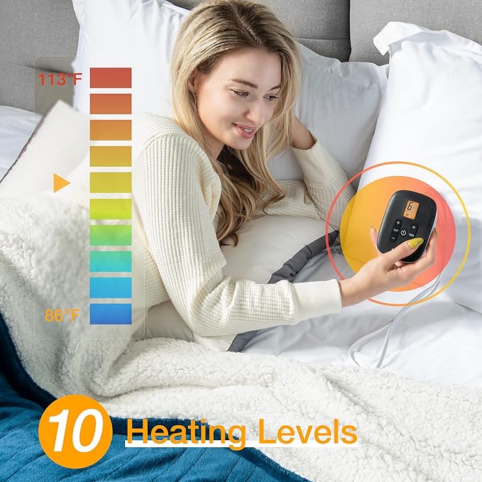 WOOMER [5-Year Warranty Electric Blanket Twin Size,Durable Flannel and Soft Sherpa,Dual Control,62”×84” Heated Throw Blanket, 10 Heat Levels&0.5-12h auto-Off,Energy Efficient,ETL Certified